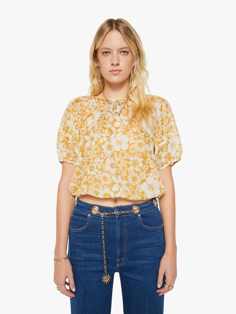 MOTHER The Party in The Back Floral Puff-Sleeve Blouse